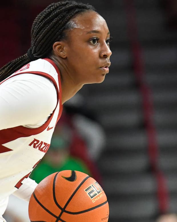 Arkansas Razorbacks Samara Spencer against Louisiana Tech in WNIT on Thursday night.